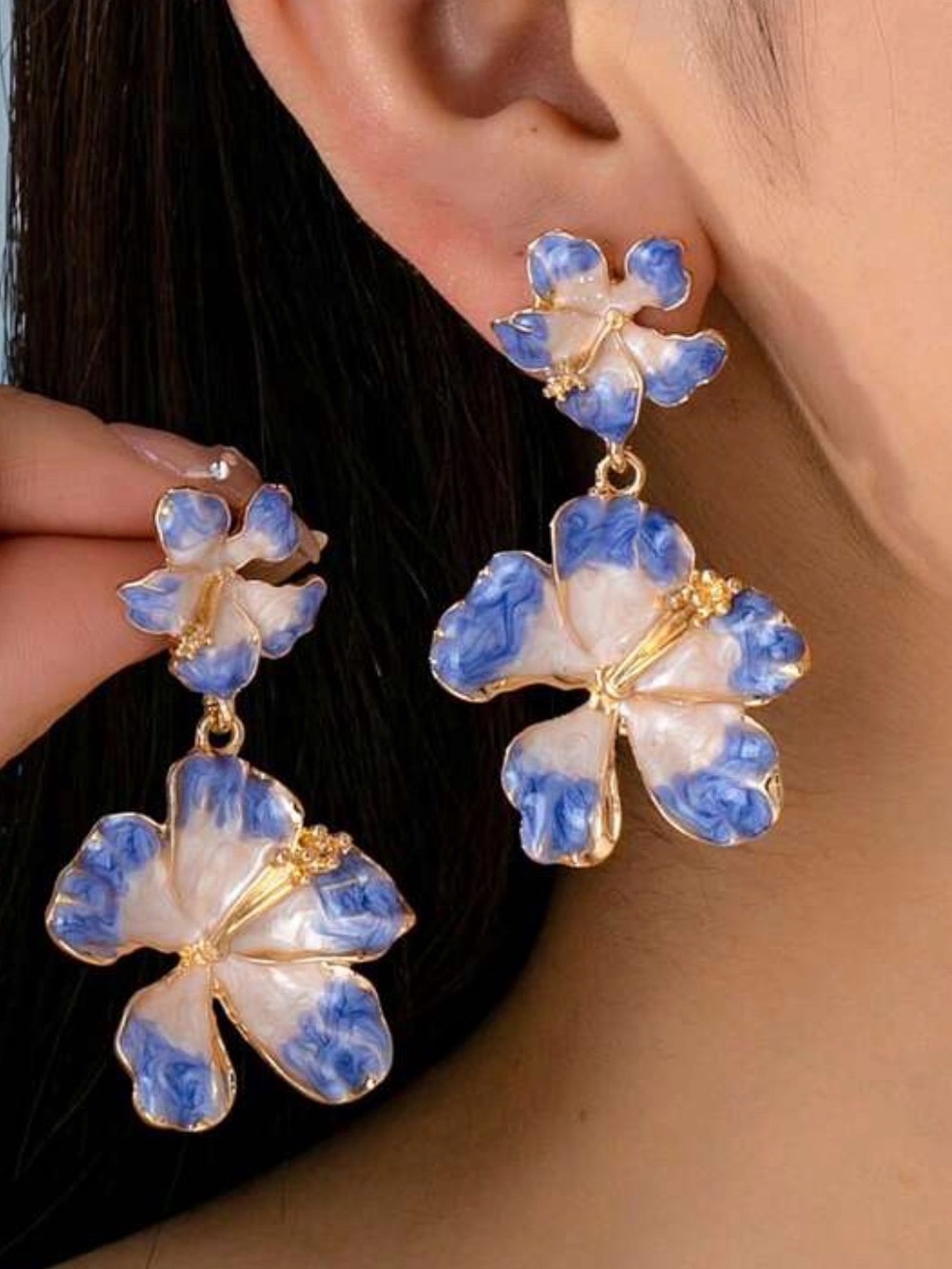Blue Floral Drop Earrings - Women Jewelry